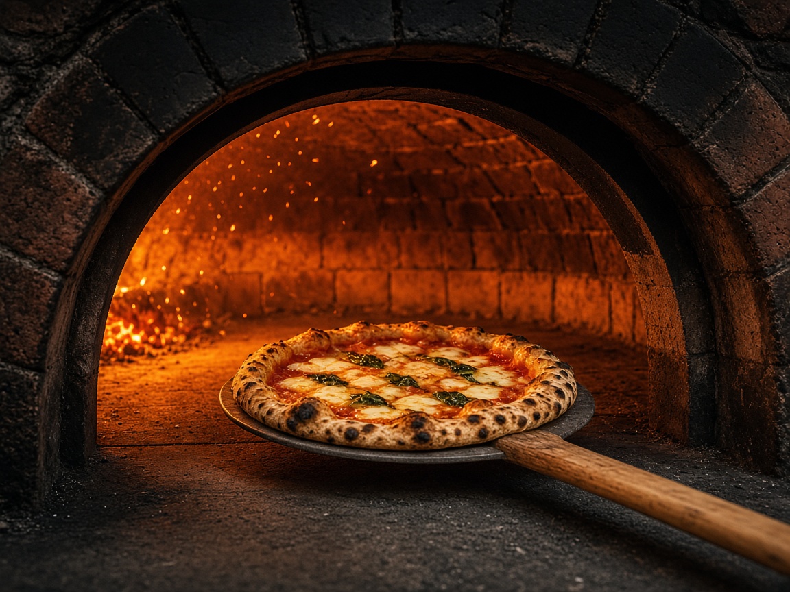 Forró kemence, bent egy pizza a lapáton.