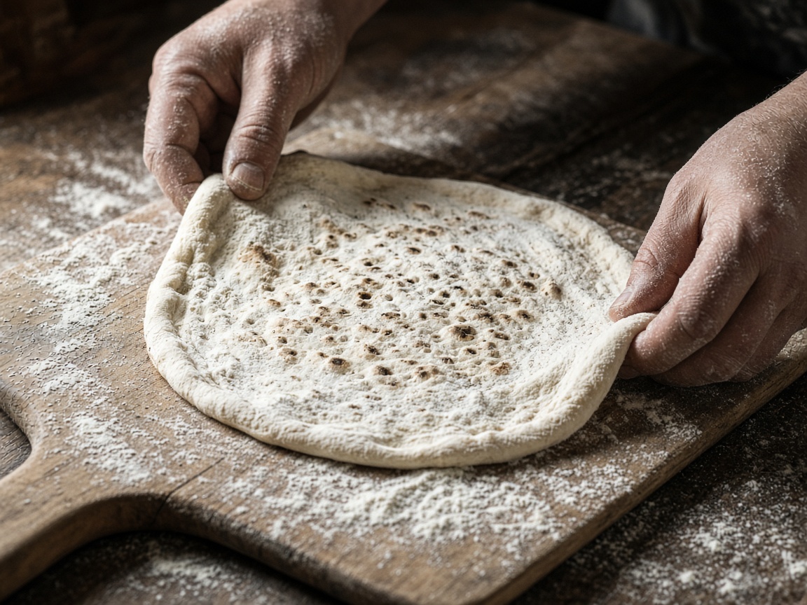 Kéz nyújtja a pizzatésztát lisztes padon.