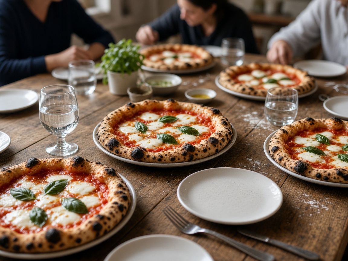 Kész pizzák egy közös asztalon.